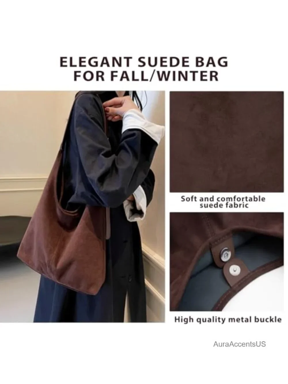 Faux Suede Hobo Tote Bag Set with Pouch Adjustable Strap